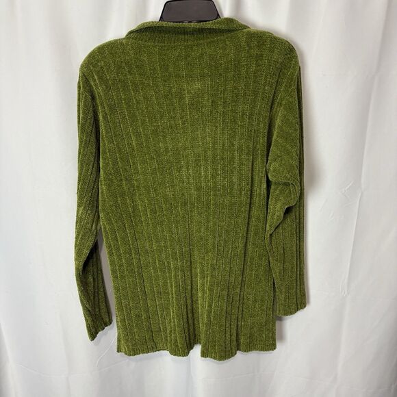 Vintage 90s Small Chenille Sweater Cardigan Peter Pan Collar Pockets Green Cozy - Picture 9 of 9